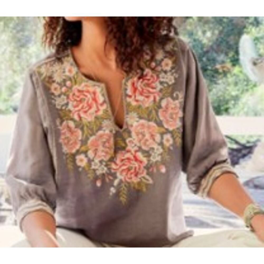 Johnny Was Cecile Boxy Peasant Blouse – Floral Linen Embroidery, Women’s Size L